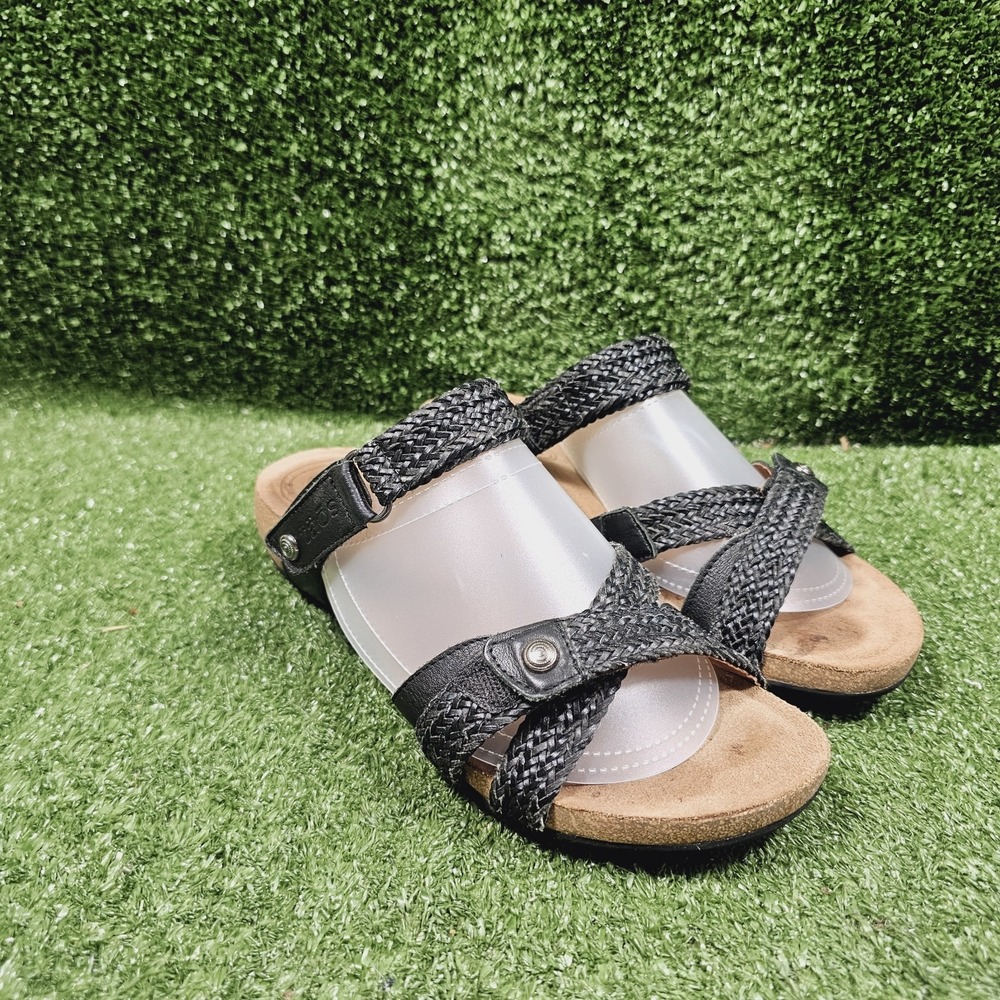 Taos Trulie Metallic Black Leather Wedge Heel Comfort Sandals Womens Size 8 8.5